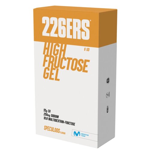 Białe opakowanie z pomarańczowym górnym panelem zawiera tekst: "226ERS HIGH FRUCTOSE GEL 6 UD". Na dole widnieje napis: "55g CH, 250mg SODIUM, 10:8 MALTODEXTRIN-FRUCTOSE, SPECULOOS FLAVOUR" oraz logo "MOVISTAR TEAM".