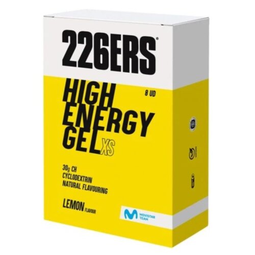 Żółte opakowanie z napisem "226ERS HIGH ENERGY GEL XS" oraz informacjami: "8 UD", "30g CH", "CYCLODEXTRIN", "NATURAL FLAVOURING", "LEMON FLAVOUR". Na dole widoczne jest logo z napisem "MOVISTAR TEAM".