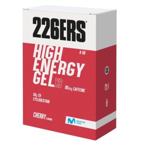 Pudełko produktu z napisem "226ERS HIGH ENERGY GEL XS 95mg CAFFEINE" oraz "30g CH CYCLODEXTRIN CHERRY FLAVOUR". Na dole znajduje się logo "MOVISTAR TEAM".