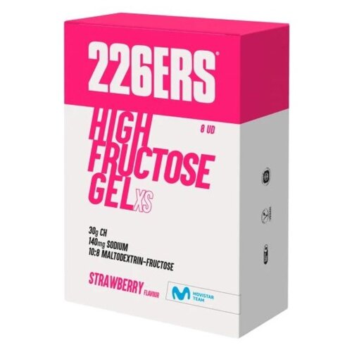 Opakowanie żelu energetycznego 226ERS XS High Fructose w smaku truskawkowym, zawiera informacje: "30g CH, 140mg SODIUM, 10:8 MALTODEXTRIN-FRUCTOSE" oraz logo Movistar Team. Produkt jest w kolorach różowym i białym, z dużym napisem "HIGH FRUCTOSE GEL XS" na przedniej stronie.