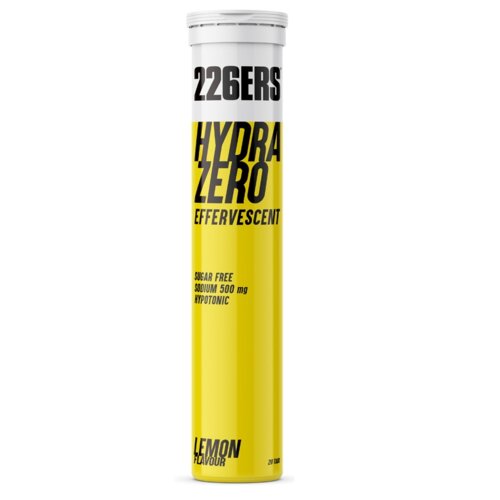 Biała tuba z żółtą etykietą zawiera napisy: "226ERS HYDRAZERO EFFERVESCENT", "SUGAR FREE SODIUM 500 mg HYPOTONIC", "LEMON FLAVOUR", oraz "20 TABS".
