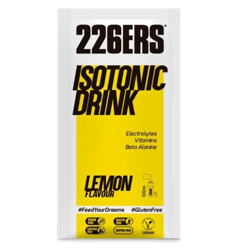 Opakowanie produktu "226ERS Isotonic Drink" o smaku cytrynowym, zawiera napisy: "Electrolytes, Vitamins, Beta Alanine" oraz oznaczenia "Sugar Free", "Gluten Free", "Lactose Free", "Doping Free", "Vegan". Na dole widoczne są hashtagi "#FeedYourDreams" i "#