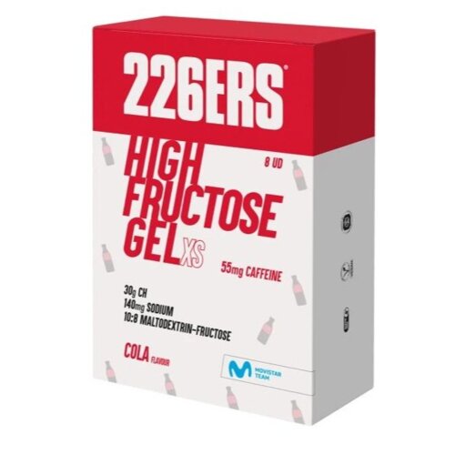 Czerwono-białe opakowanie produktu z napisem "226ERS HIGH FRUCTOSE GEL XS 55mg CAFFEINE" oraz informacjami: "30g CH, 140mg SODIUM, 10:8 MALTODEXTRIN-FRUCTOSE, COLA FLAVOUR". Na dole widoczne jest logo "MOVISTAR TEAM".