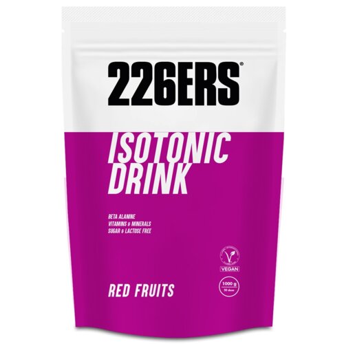 Opakowanie produktu z napisem "226ERS ISOTONIC DRINK" w kolorze białym i fioletowym, zawiera informacje: "BETA ALANINE, VITAMINS & MINERALS, SUGAR & LACTOSE FREE", "VEGAN", "1000 g 30 doses" oraz "RED FRUITS".