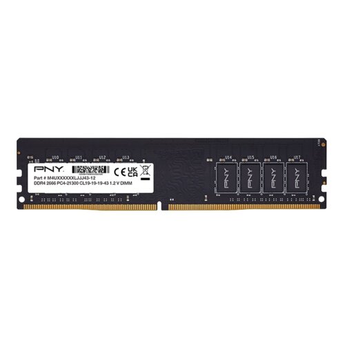 Na zdjęciu widoczna jest kość pamięci RAM z etykietą zawierającą tekst: "PNY, Part # M4UXXXXXXLJJJ43-12, DDR4 2666 PC4-21300 CL19-19-19-43 1.2 V DIMM". Na kości znajdują się również cztery układy scalone z logo PNY.