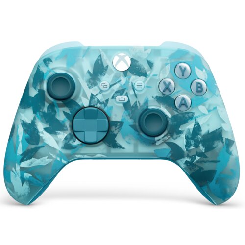 Bezprzewodowy kontroler do konsoli Xbox w edycji Ice Breaker Specials Edition, z niebiesko-białym wzorem przypominającym lodowe odłamki. Na kontrolerze widoczne są przyciski oznaczone literami Y, X, B, A oraz logo Xbox.