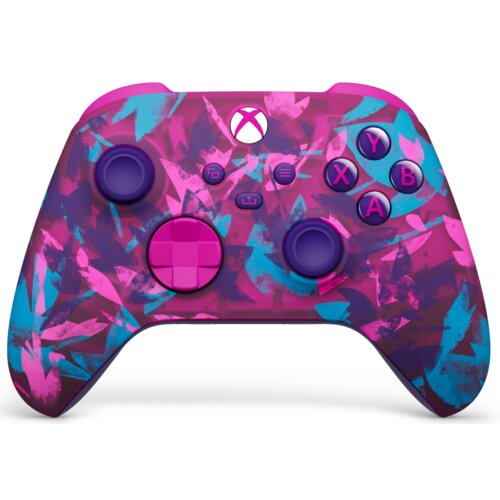 Bezprzewodowy kontroler do gier z kolorowym wzorem w odcieniach różu, fioletu i niebieskiego, z widocznymi przyciskami oznaczonymi literami Y, X, B, A oraz logo Xbox na górze.