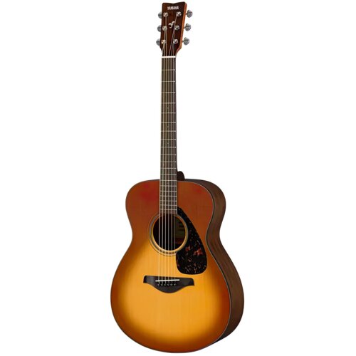Gitara akustyczna w kolorze Sand Burst z widocznym logo "YAMAHA" na główce, posiada sześć strun i ciemny pickguard o wzorze przypominającym marmur. Korpus gitary ma wykończenie w odcieniach brązu i bursztynu.