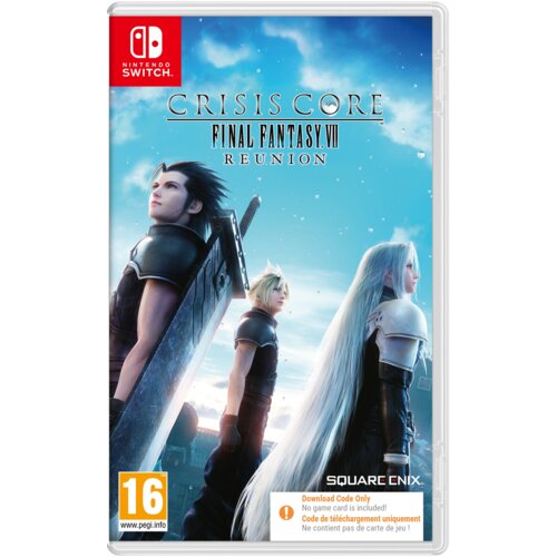 Okładka gry "Crisis Core: Final Fantasy VII Reunion" na konsolę Nintendo Switch przedstawia trzech bohaterów z dużymi mieczami na tle nieba z chmurami. Widoczne są logotypy Nintendo Switch i Square Enix oraz oznaczenie wiekowe 16, a także informacja: "Dow