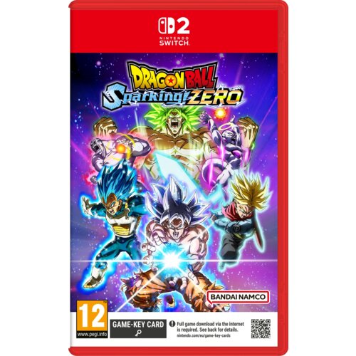 Okładka gry "Dragon Ball: Sparking Zero" na Nintendo Switch z kolorową grafiką przedstawiającą postacie z serii Dragon Ball w dynamicznych pozach. Widoczne są logotypy "Bandai Namco" oraz oznaczenie wiekowe 12+ z informacją o konieczności połączenia z int