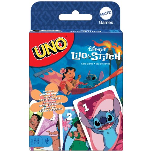 Opakowanie gry karcianej UNO z motywem Disney's Lilo & Stitch, przedstawia postacie Lilo i Stitcha na tle tropikalnej scenerii. Na opakowaniu widnieje logo "UNO", napis "Disney's Lilo & Stitch", oraz informacja o specjalnej zasadzie w kilku językach, a także logo "Mattel Games".