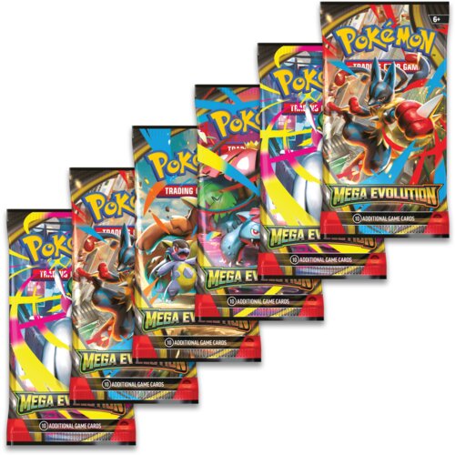 Na zdjęciu widoczne są opakowania kart do gry z serii "Pokemon TCG Mega Evolution" z kolorowymi ilustracjami postaci. Na każdym opakowaniu znajduje się napis "10 Additional Game Cards" oraz logo "Pokemon Trading Card Game".