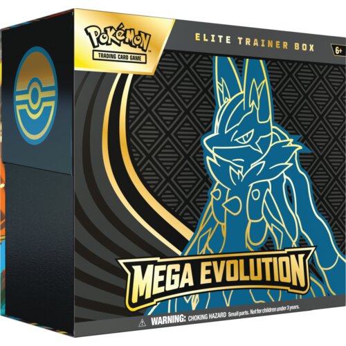 Pudełko z grą karcianą "Pokemon Trading Card Game" z napisem "Elite Trainer Box" i "Mega Evolution", ozdobione grafiką przedstawiającą postać Lucario na tle geometrycznego wzoru. Na dole widnieje ostrzeżenie: "WARNING: CHOKING HAZARD Small parts. Not for 