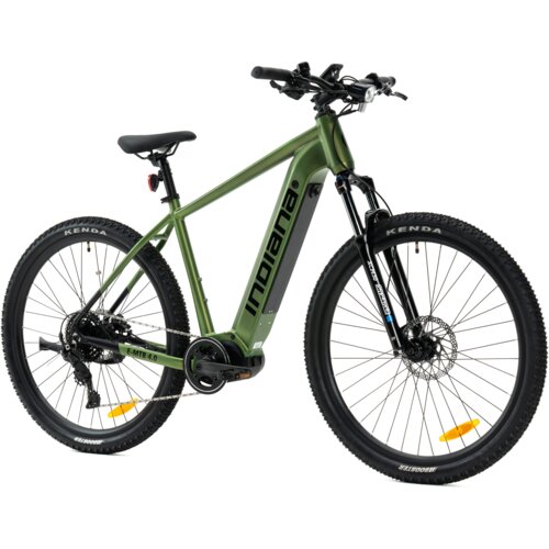 Zielono-czarny rower elektryczny z napisem "Indiana" na ramie, wyposażony w grube opony marki Kenda i amortyzowany widelec. Na dolnej części ramy widoczny jest napis "E-MTB 4.0".