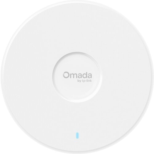 Białe, okrągłe urządzenie z centralnie umieszczonym logo "Omada by tp-link" oraz niebieskim wskaźnikiem świetlnym poniżej.