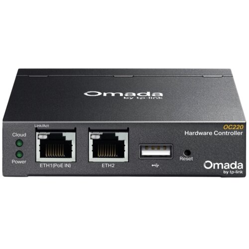 Czarny kontroler sieciowy z napisem "Omada by tp-link" na górze, posiada dwa porty Ethernet oznaczone jako "ETH1 (PoE IN)" i "ETH2", port USB, przycisk "Reset" oraz diody "Cloud" i "Power". Na urządzeniu widnieje również oznaczenie modelu "OC220 Hardware 