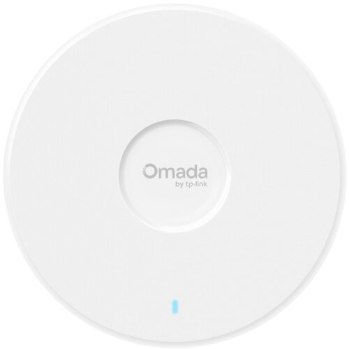 Białe, okrągłe urządzenie z napisem "Omada by tp-link" w centralnej części oraz niebieskim wskaźnikiem poniżej. Produkt to punkt dostępu obsługujący częstotliwości 2.4 / 5 / 6 GHz z funkcją Wi-Fi.