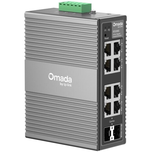 Na zdjęciu znajduje się szary, prostokątny switch TP-LINK Omada IES208G z ośmioma portami Ethernet i dwoma portami Combo, z widocznym logo "Omada by tp-link" oraz napisem "IES208G 8-Port Gigabit Industrial Switch". Na górze urządzenia znajduje się zielony element złącza.