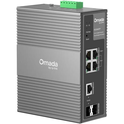 Szary, prostokątny switch TP-LINK Omada IES206GPP z widocznymi sześcioma portami Ethernet, funkcją PoE i możliwością zarządzania, z logo "Omada by tp-link" na obudowie. Na panelu bocznym znajdują się oznaczenia: "P1", "P2", "PoE Max", "Reset", "Combo" ora