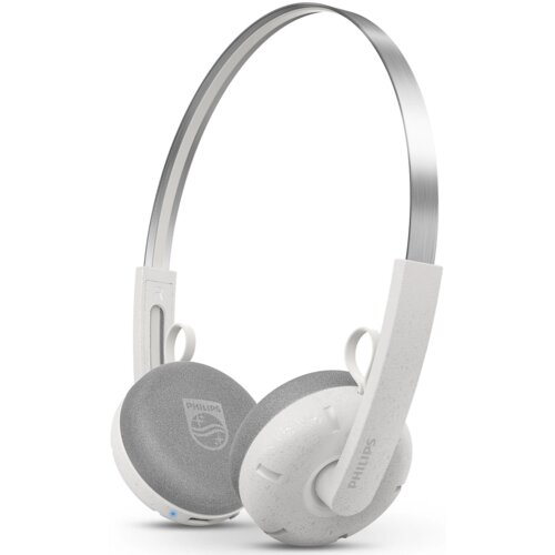 Białe słuchawki nauszne z szarymi poduszkami i metalowym pałąkiem, na jednej z muszli widoczne jest logo "PHILIPS". Na pałąku znajduje się oznaczenie "R".
