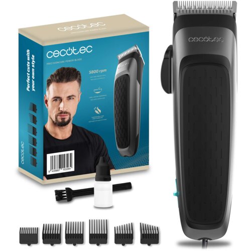 Na zdjęciu znajduje się strzyżarka z logo "cecotec" oraz opakowanie z napisem "PRECISIONCARE POWER BLADE" i "5800 rpm". W zestawie widoczne są również nasadki, pędzelek i buteleczka z olejem.