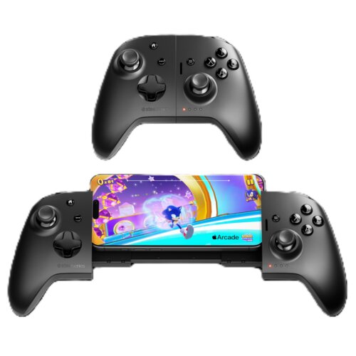 Na zdjęciu widoczny jest czarny kontroler do gier z logo "SteelSeries" oraz ekran urządzenia mobilnego z kolorową grafiką gry i napisem "Arcade". Kontroler ma dwa analogowe drążki, przyciski oraz wskaźniki LED.