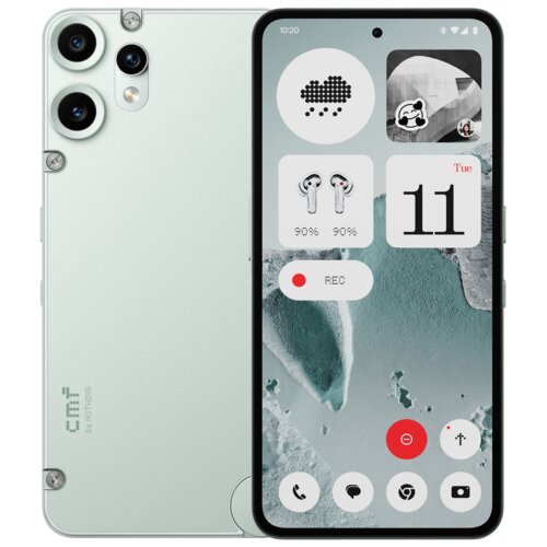 Smartfon w kolorze zielonym z trzema aparatami z tyłu i wyświetlaczem pokazującym widżety, w tym prognozę pogody, poziom naładowania słuchawek, datę "Tue 11" oraz przycisk "REC". Na obudowie widoczne jest logo "CMF by Nothing".