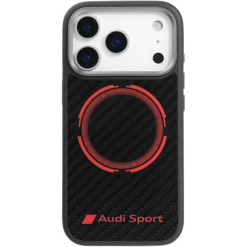 Etui na telefon z czarnym, karbonowym wzorem, ozdobione czerwonym okręgiem i napisem "Audi Sport" na dole. W górnej części widoczne są trzy obiektywy aparatu oraz dodatkowe sensory.