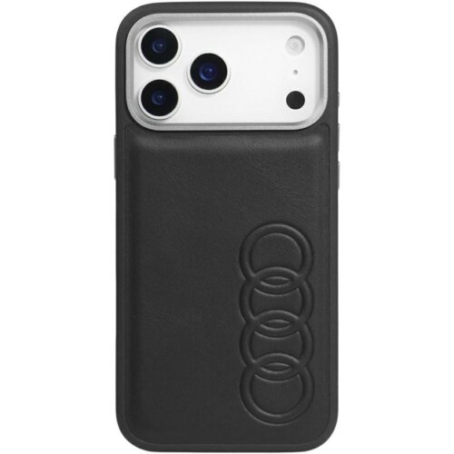Czarne etui na telefon wykonane z syntetycznej skóry, z widocznym wytłoczonym logo składającym się z czterech połączonych okręgów. Etui jest dopasowane do telefonu z trzema obiektywami aparatu i okrągłym otworem na lampę błyskową.
