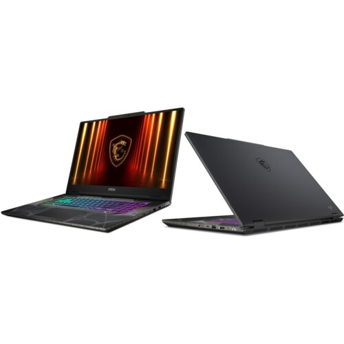 Na zdjęciu widoczne są dwa laptopy marki MSI, jeden otwarty z podświetlaną klawiaturą i ekranem wyświetlającym logo smoka, drugi zamknięty z widocznym logo na obudowie. Oba laptopy mają nowoczesny design z wyraźnymi liniami i portami po bokach.