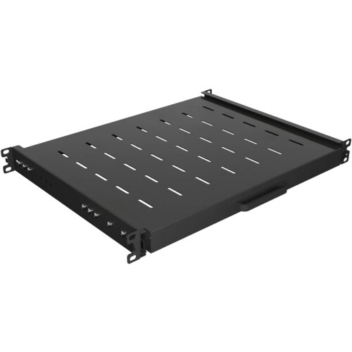 Czarna półka LANBERG AK-1020-B 19" 1U z otworami wentylacyjnymi na powierzchni, posiada uchwyty montażowe po bokach. Produkt wykonany z metalu, przeznaczony do montażu w szafach rackowych.