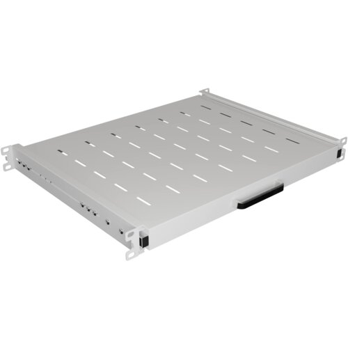 Szara półka LANBERG AK-1020-S 19" 1U z otworami wentylacyjnymi, posiada uchwyt z przodu i mocowania po bokach. Produkt ma prostokątny kształt i jest przeznaczony do montażu w szafach serwerowych.