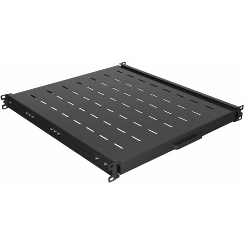 Czarna półka LANBERG AK-1021-B 19" 1U z otworami wentylacyjnymi, przeznaczona do montażu w szafach serwerowych. Produkt ma prostokątny kształt i jest wyposażony w uchwyty montażowe po bokach.