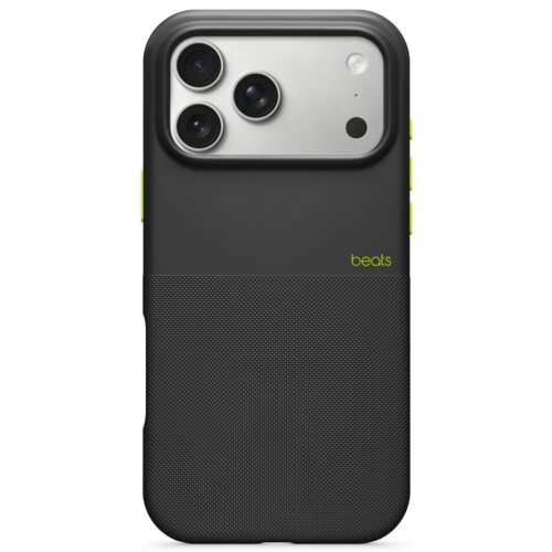 Czarne etui na telefon z trzema widocznymi obiektywami aparatu oraz napisem "beats" w zielonym kolorze. Dolna część etui ma teksturowaną powierzchnię.