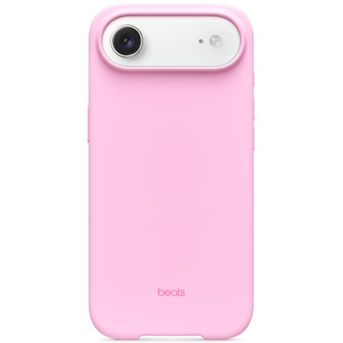 Różowe etui na telefon z widocznym obiektywem aparatu i lampą błyskową, na dole znajduje się logo "beats".