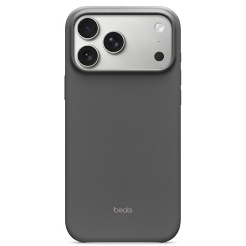 Granitowo-szare etui na telefon z trzema widocznymi obiektywami aparatu oraz napisem "beats" na dole. Etui ma gładką powierzchnię i zaokrąglone krawędzie.