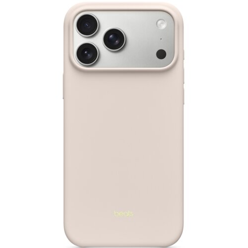Beżowe etui na telefon z trzema otworami na obiektywy aparatu i dodatkowymi otworami na lampę błyskową oraz mikrofon. Na dole etui widoczne jest logo "beats" w jasnym kolorze.