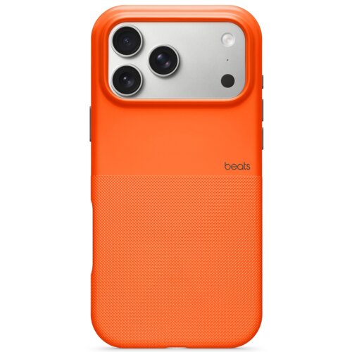 Pomarańczowe etui na telefon z trzema widocznymi obiektywami aparatu oraz napisem "beats" w dolnej części. Etui ma gładką górną część i teksturowaną dolną część.