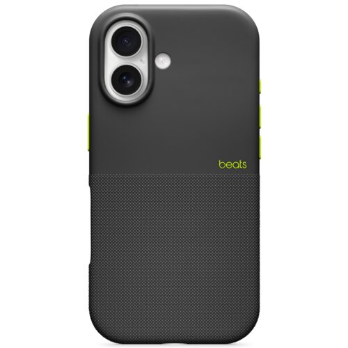 Czarne etui na telefon z dwoma widocznymi obiektywami aparatu i małym otworem na lampę błyskową, posiada teksturowaną dolną część oraz logo "beats" w kolorze zielonym. Na bokach etui znajdują się zielone przyciski.