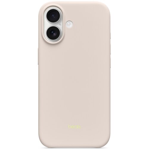 Beżowe etui na telefon z dwoma otworami na obiektywy aparatu i jednym na lampę błyskową, z widocznym napisem "beats" w dolnej części.
