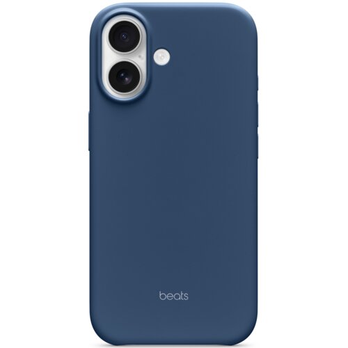 Niebieskie etui na telefon z dwoma wycięciami na aparaty i jednym na lampę błyskową, z widocznym napisem "beats" na dole.