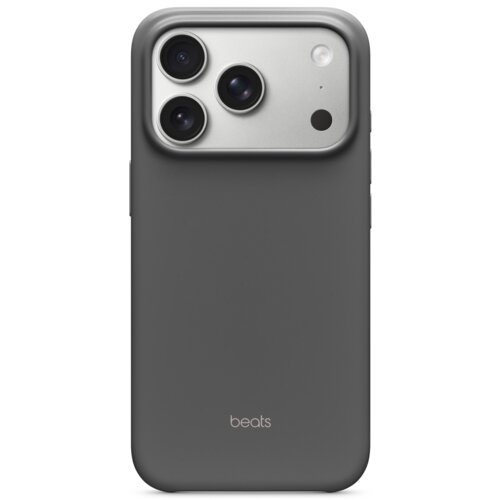 Granitowo-szare etui na telefon z trzema widocznymi obiektywami aparatu i napisem "beats" na dole. Etui ma gładką powierzchnię i zaokrąglone krawędzie.