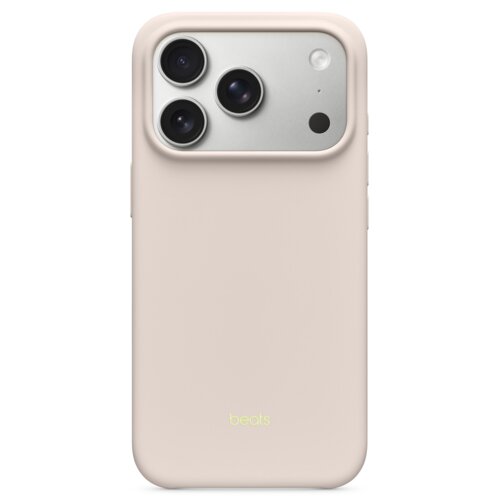Beżowe etui na telefon z trzema widocznymi obiektywami aparatu oraz napisem "beats" w dolnej części. Etui ma gładką powierzchnię i zaokrąglone krawędzie.