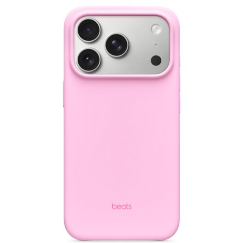 Różowe etui na telefon z trzema widocznymi obiektywami aparatu oraz napisem "beats" na dole.