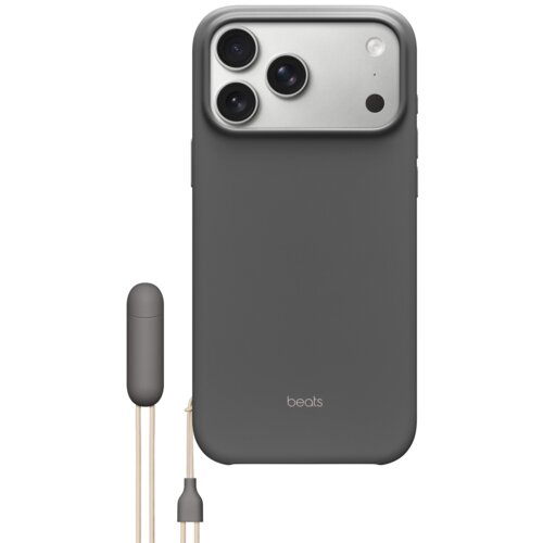 Granitowo-szare etui na telefon z trzema widocznymi otworami na aparaty oraz napisem "beats" na dole. Obok etui znajduje się element w podobnym kolorze z dwoma przewodami.