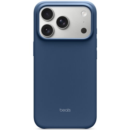 Niebieskie etui na telefon z trzema widocznymi obiektywami aparatu oraz napisem "beats" na dole. Etui ma gładką powierzchnię i zaokrąglone krawędzie.