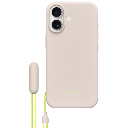 Beżowe etui na telefon z dwoma wycięciami na aparaty i jednym na lampę błyskową, z widocznym logo "beats" w dolnej części. Do etui przymocowany jest neonowy żółty sznurek zakończony cylindrycznym elementem.