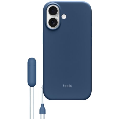 Niebieskie etui na telefon z widocznymi dwoma otworami na aparat i napisem "beats" na dole. Obok etui znajduje się niebieski uchwyt z przymocowanym sznurkiem.