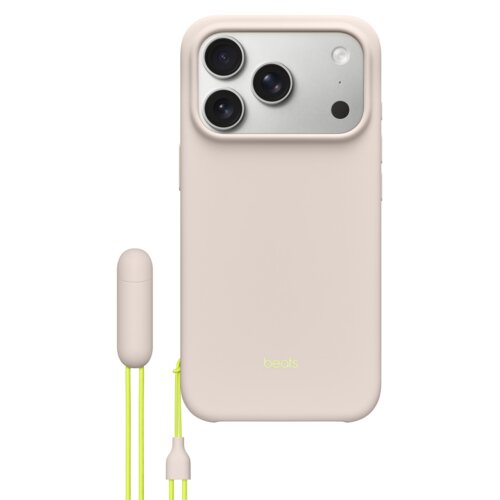 Beżowe etui na telefon z trzema widocznymi obiektywami aparatu i napisem "beats" na dole. Obok etui znajduje się podłużny element z neonowym sznurkiem.