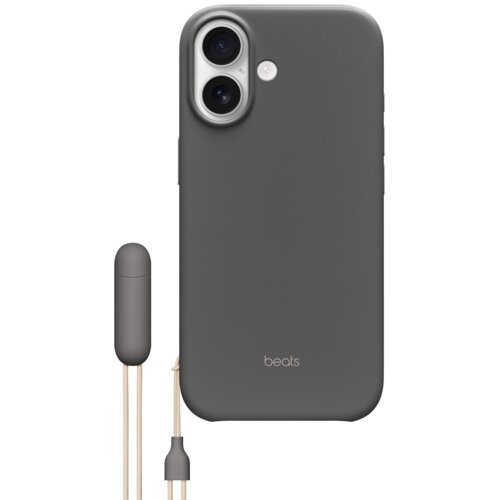 Granitowo-szare etui na telefon z dwoma widocznymi obiektywami aparatu i lampą błyskową, posiada napis "beats" na dole. Obok etui znajduje się dołączony uchwyt z paskiem.
